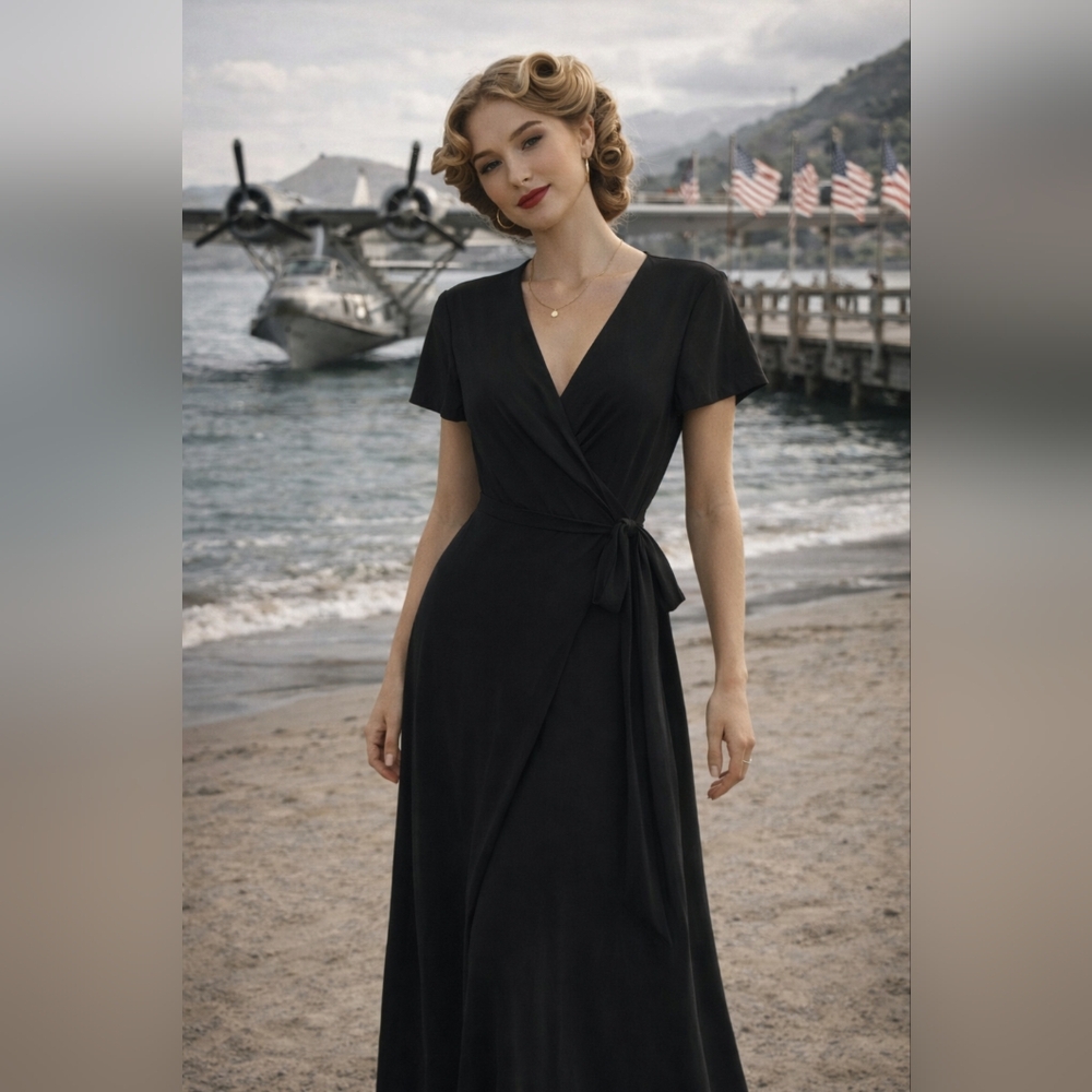 Babaton by Aritzia Black Wrap Maxi Dress | Minimalist Surplice Tie Waist | Sz S
